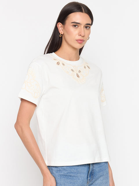 Madame White Cotton Embroidered Half-Sleeve Top