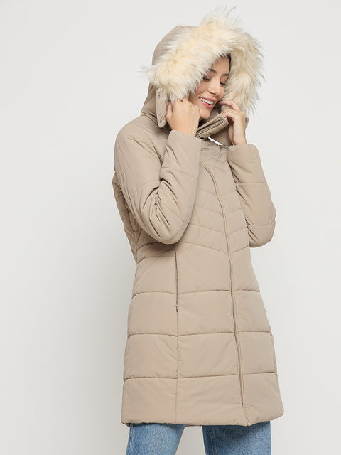 Madame Beige Quilted High Neck Full Sleeve Midi Jacket