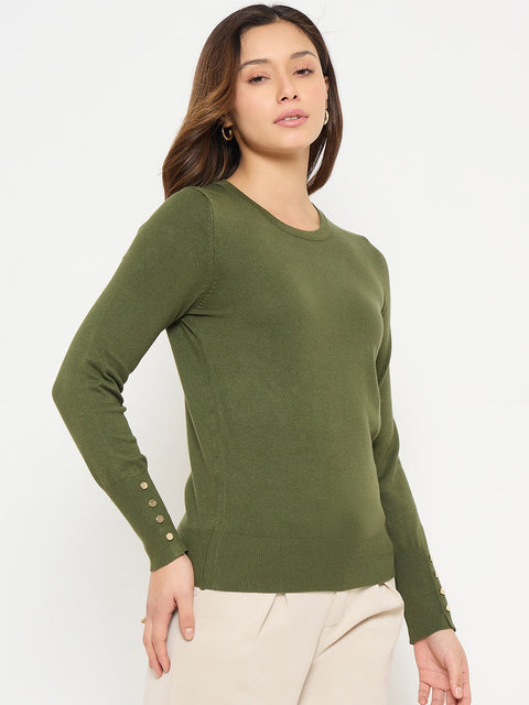 Madame Olive Green Round Neck Sweater with Cuff Sleeves