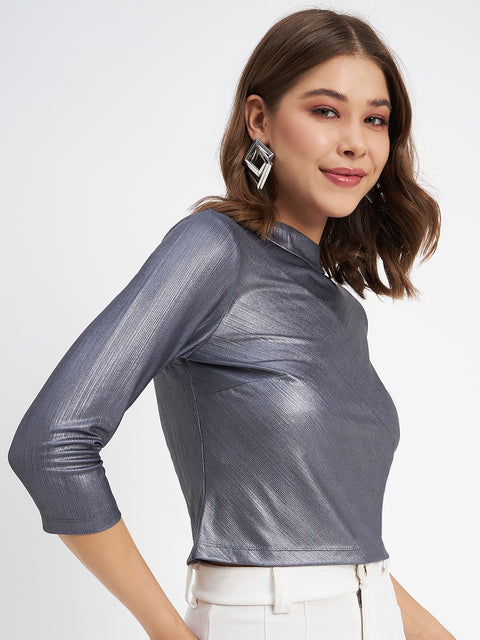 Madame Shimmering Asymmetrical Seam Detail Navy Blue Top