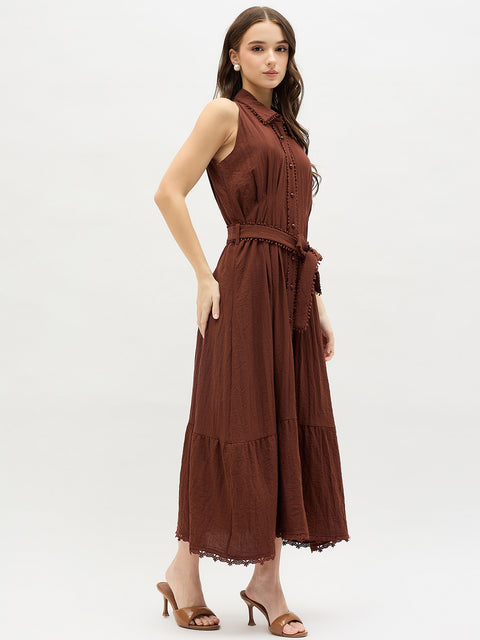 Madame Chocolate Brown Sleeveless Maxi Shirt Dress