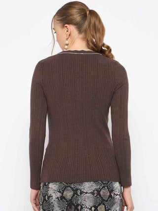 Madame Scalloped Neck Solid Brown Sweater