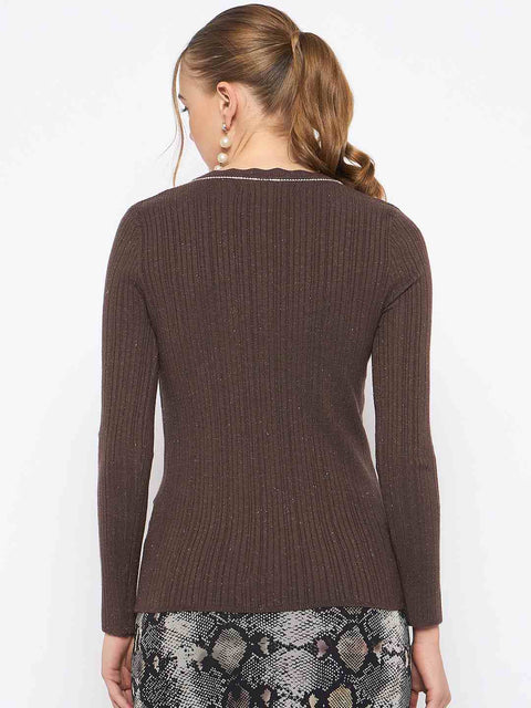Madame Scalloped Neck Solid Brown Sweater