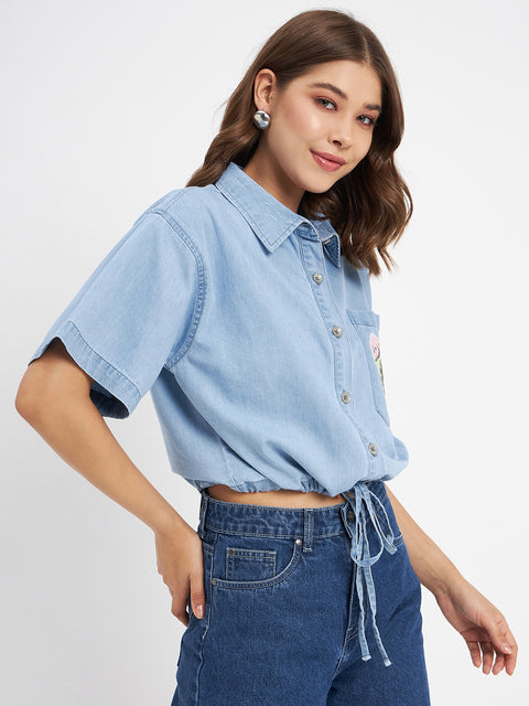 Madame Graphic Print Light Blue Cotton Shirt
