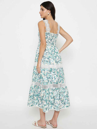Madame Laced Floral Print White Midi Dress
