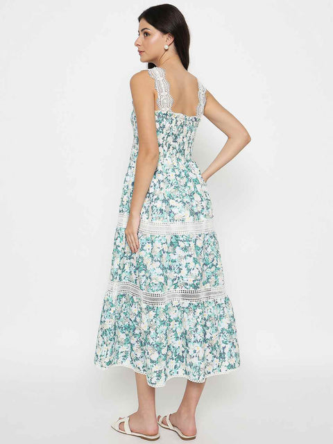 Madame Laced Floral Print White Midi Dress