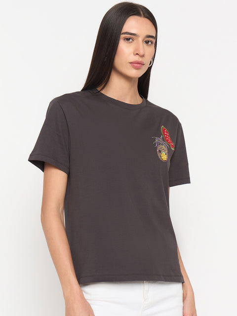Madame Charcoal Cotton Half-Sleeve T-Shirt