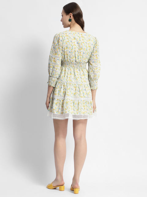 Madame Green Fit And Flare Floral Print Short Dress