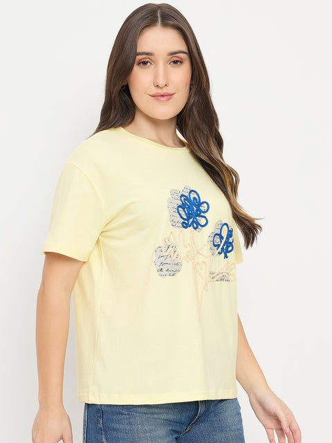 Madame Yellow Graphic Print Cotton Round Neck T-Shirt