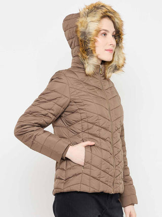 Madame Brown Colour Quilted Fur Hood Jacket