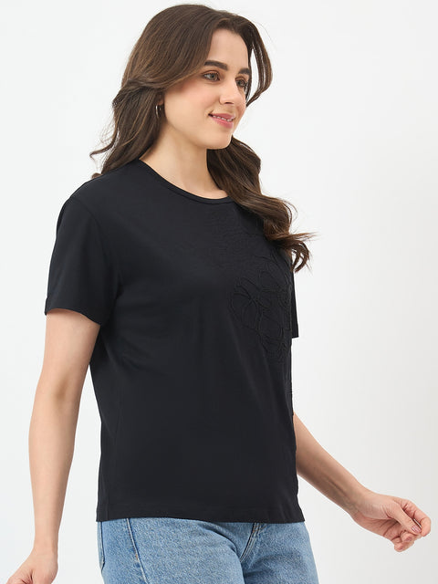 Madame Black Cotton Half-Sleeve T-Shirt