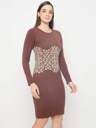 Madame Abstract Print Viscose Blend Coffee Brown Knitted Dress