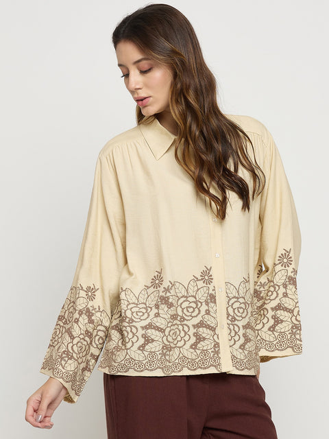 Madame Beige Embroidered Rayon Full Sleeve Shirt
