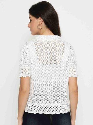 Madame Scalloped Hem White Knitted Polo Top