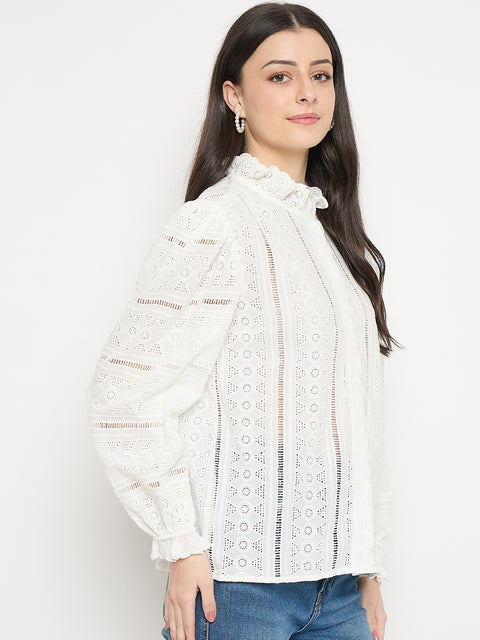 Madame Off White Lace Detailed Cotton Top