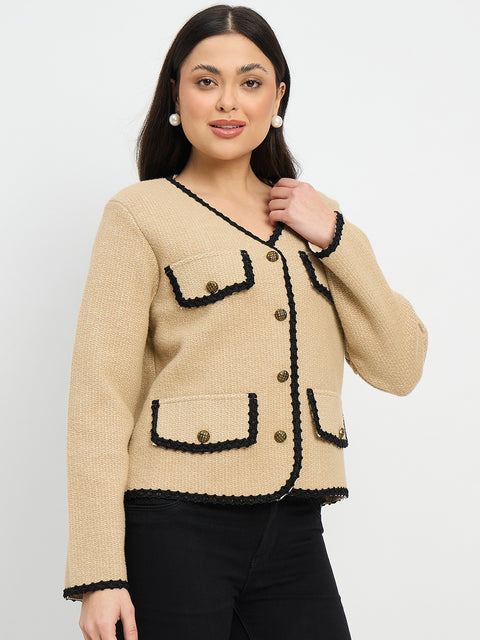 Madame Contrast Trim Brown Cardigan