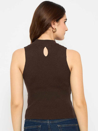 Madame Coffee Brown Ribbed Sleeveless Cutout Sweater