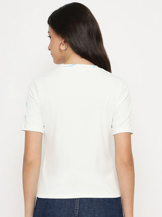 Madame Floral Print Sequin Detailed White T-Shirt