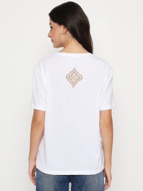 Madame Embroidered Half Sleeve White Cotton T-shirt