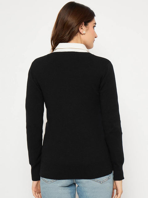Madame Round Neck Ribbed Cuff Black Sweater