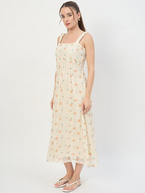 Madame Beige Printed Sleeveless Midi Dress