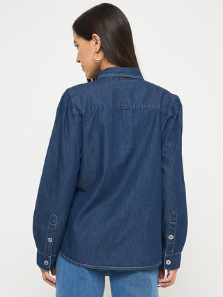 Madame Pintuck Detailed Mid Blue Denim Shirt