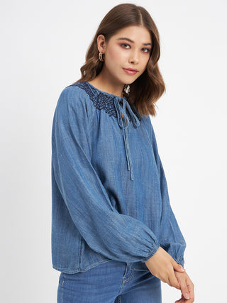 Madame Embroidered Collar Tie Neck Blue Cotton Top