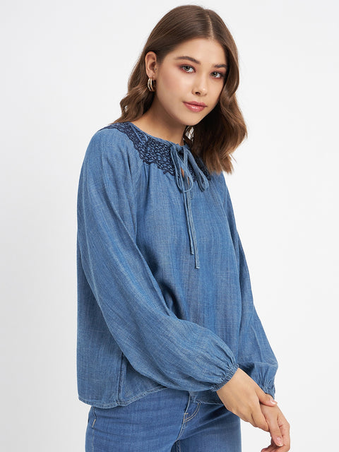 Madame Embroidered Collar Tie Neck Blue Cotton Top