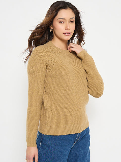 Madame Embroidered Khaki Solid Sweater