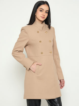 Madame Beige Long Coat with Stand COllar and Buttons