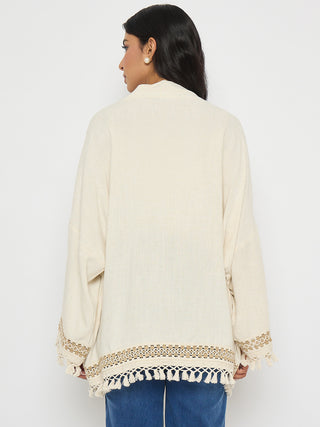 Madame Crochet Lace Trim and Tassel Detail Beige Shrug