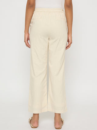 Madame Solid Wide Leg Off White Rayon Blend Trousers