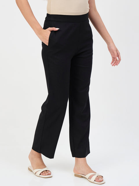 Madame Black Elastic Waist Linen-Blend Trousers