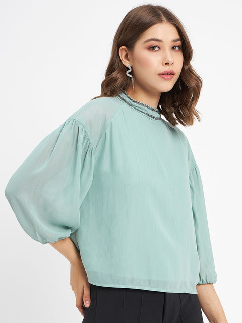 Madame Embellished Neckline Turtle Neck Solid Mint Green Top