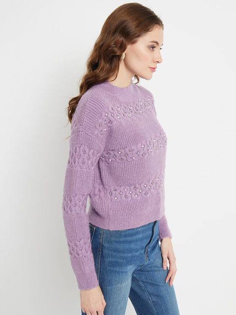 Madame Cable Knit Embellished Lilac Sweater