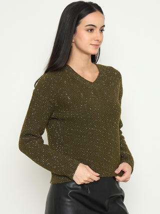 Madame Embellished Green Round Neck Sweater