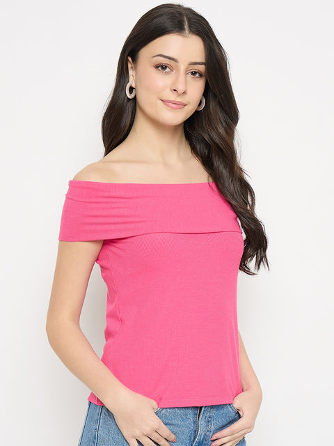 Madame Hot Pink Rayon Blend Off-Sleeve Top