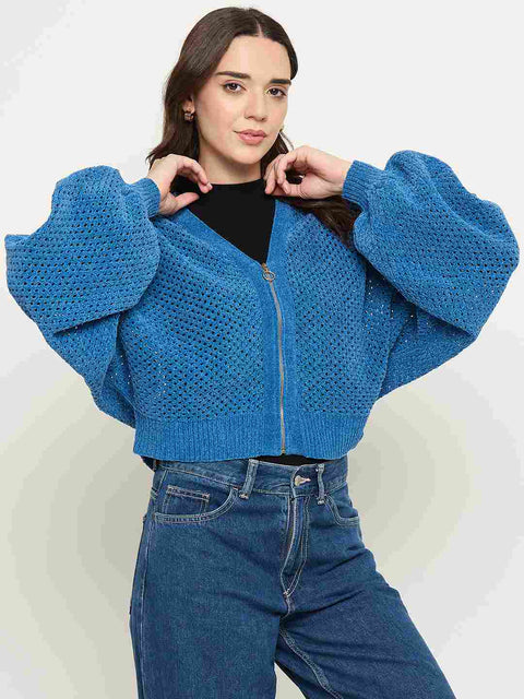 Madame Textured Relaxed Fit Blue Sweater