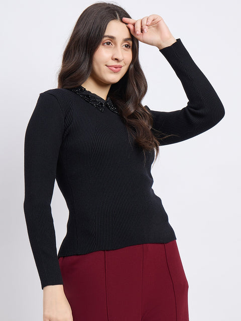 Madame Designer Collar Black Sweater
