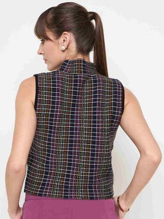 Madame Multicolored Chequered Tweed Black Funnel Neck Top