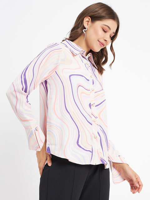 Madame Marble Print Collared Off White Shirt