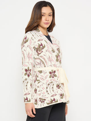 Madame Printed Beige Shrug with Belt
