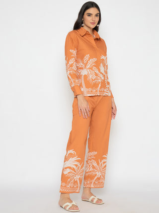 Madame Botanical Print Shirt and Bottoms Warm Amber Co-ord Set