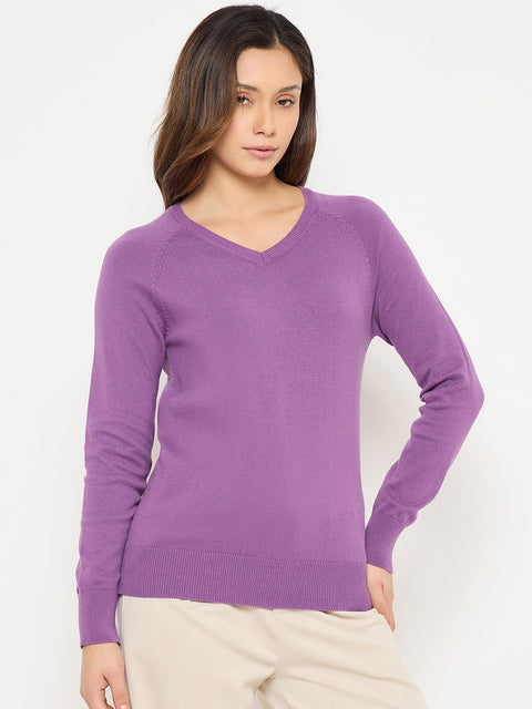 Madame V Neck Purple Solid Sweater