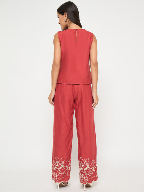 Madame Floral Embroidered Hem Top and Bottom Rust Red Co-ord Set