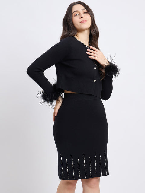 Madame Embellished Feather Trim Black Knit Co-ord Set