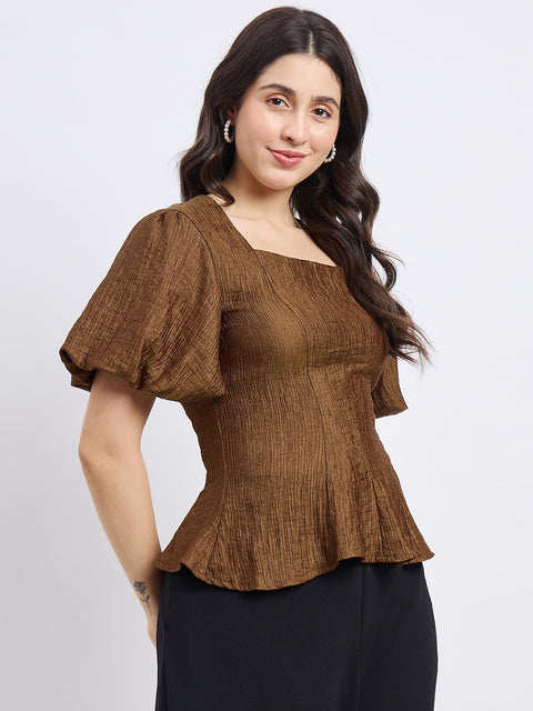Madame Textured Olive Puff Sleeve Top