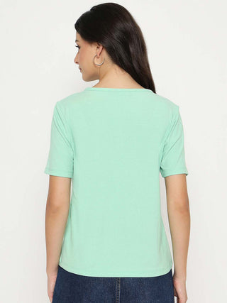 Madame Henley Neck Solid Green T-Shirt