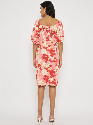 Madame Floral Print Ruched Bodycon Coral Dress