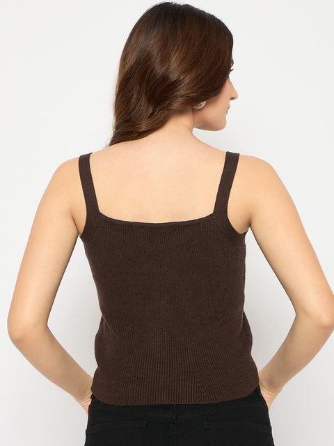 Madame Sleeveless Solid Coffee Brown Ribbed Knit Sweater